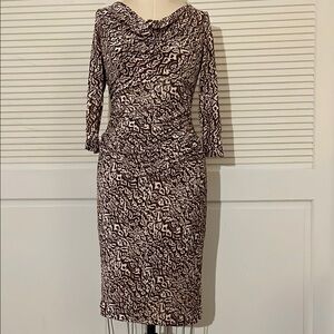 DIANE Von FURSTENBERG Silk Brown and White  3/4 Sleeves Midi Dress Size M